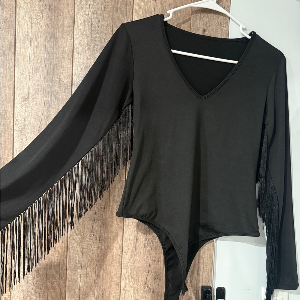 Black Fringe Long-Sleeve V-Neck Bodysuit